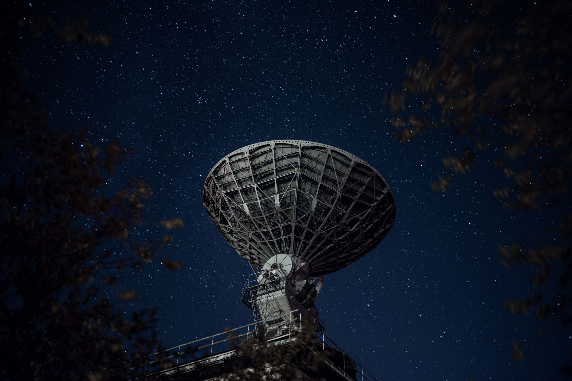 Radio telescope under a starlit sky